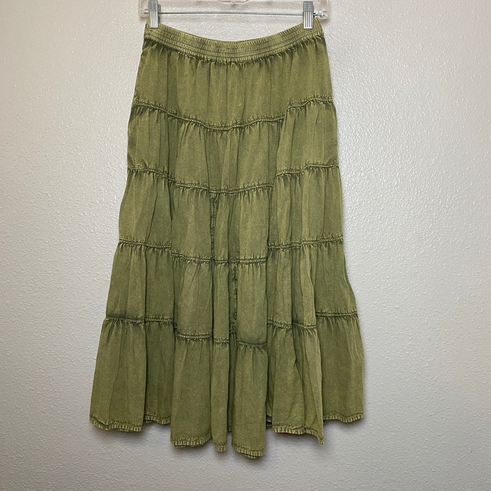 Free People Green Tiered Midi Skirt XS Fairycore Fairy Grunge Bohemian Boho